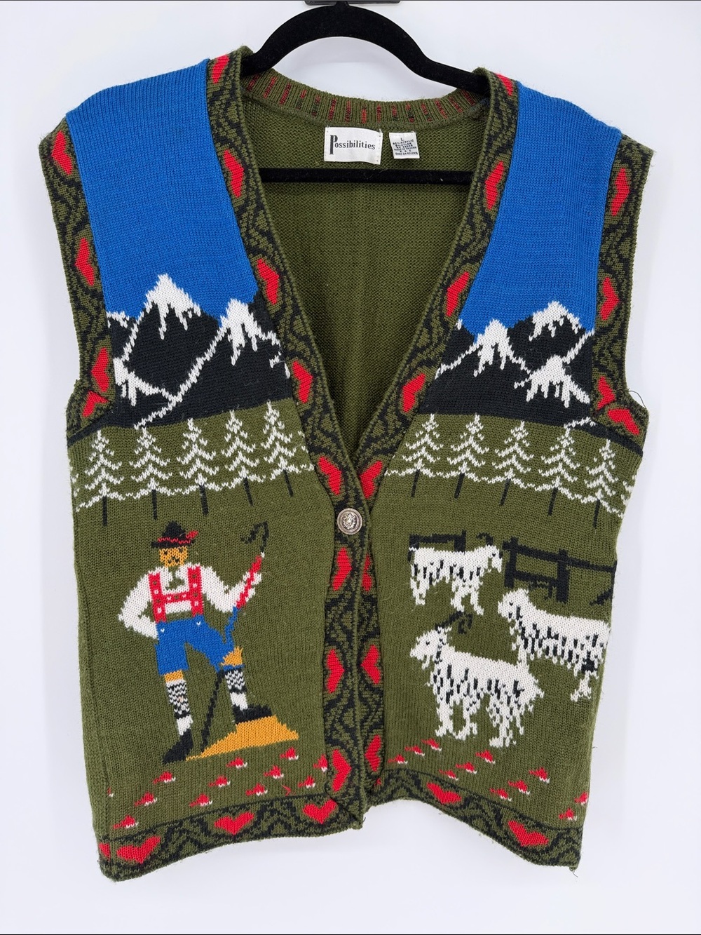 Vintage Olive Novelty Knit Vest with Alpine Scene Size M
